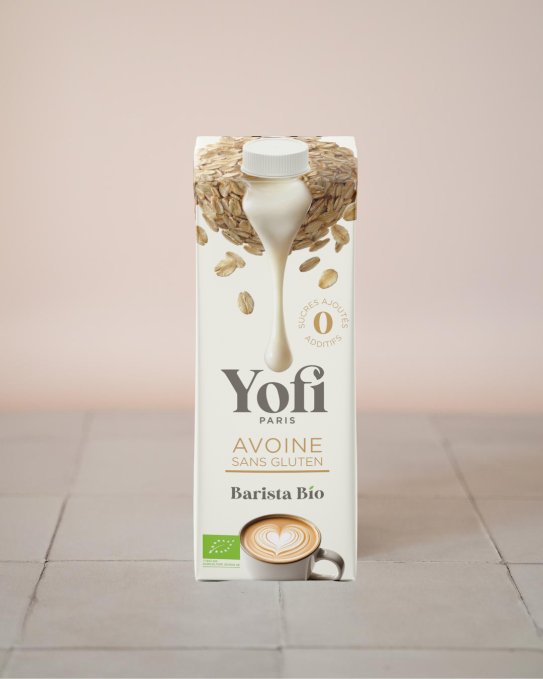 Brique de lait d'avoine YOFI Barista bio sans gluten pour latte art, format 1 litre avec design épuré