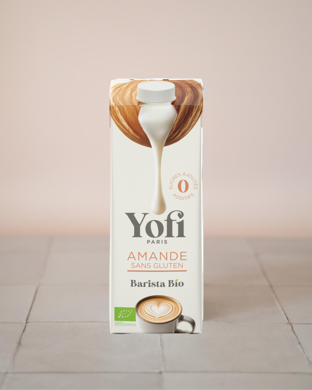 Brique de boisson végétale YOFI Barista à l'amande bio, format 1 litre pour cafés latte et cappuccinos